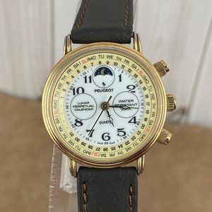 Vintage Peugeot Old Fashion Swiss Quartz Perpetual Calendar Moon Phase Watch